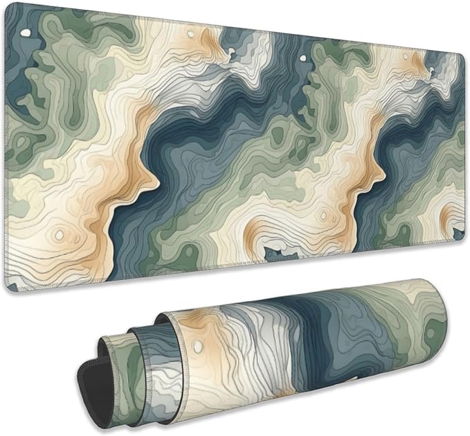 Gaming Mouse Pad,Color Topographic Contour Map Extended Mouse Pad Gaming Large, 31.5"x11.8"Abstract Blue and Green Waves Desk Mat with Non-Slip Base and Stitched Edge,Computer Keyboard for Home Office