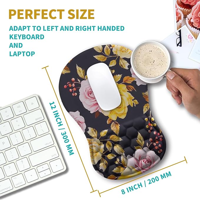Hokafenle Ergonomic Mouse Pad Wrist Support, Wrist Rest Mousepad for Carpal Tunnel with Integrated Memory Foam Slope Massage Bulge (11.8x7.9 inch,Golden Powder Flower)