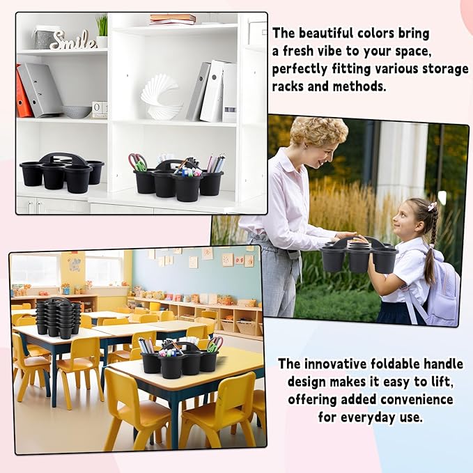 6 Pack Classroom Caddy with Handle Plastic Storage Caddy Organizer with 6 Compartments Drink Cup Caddies Holder Portable Storage Bin for Pencil, Crayon, Marker, Home, Office, School Supplies(Black)