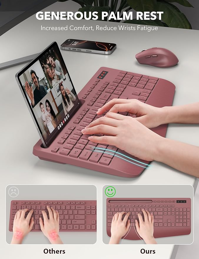 Wireless Keyboard and Mouse Combo - Full-Sized Ergonomic Keyboard with Wrist Rest, Phone Holder, Sleep Mode, Silent 2.4GHz Cordless Keyboard Mouse Combo for Computer, Laptop, PC, Mac, Windows -Trueque