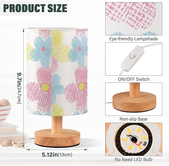 Flower LED Table Lamp, Bedside Lamp with Linen Lampshade, Flicker-Free Eye Care USB Plug in Nightstand Lamp, for Bedroom and Office