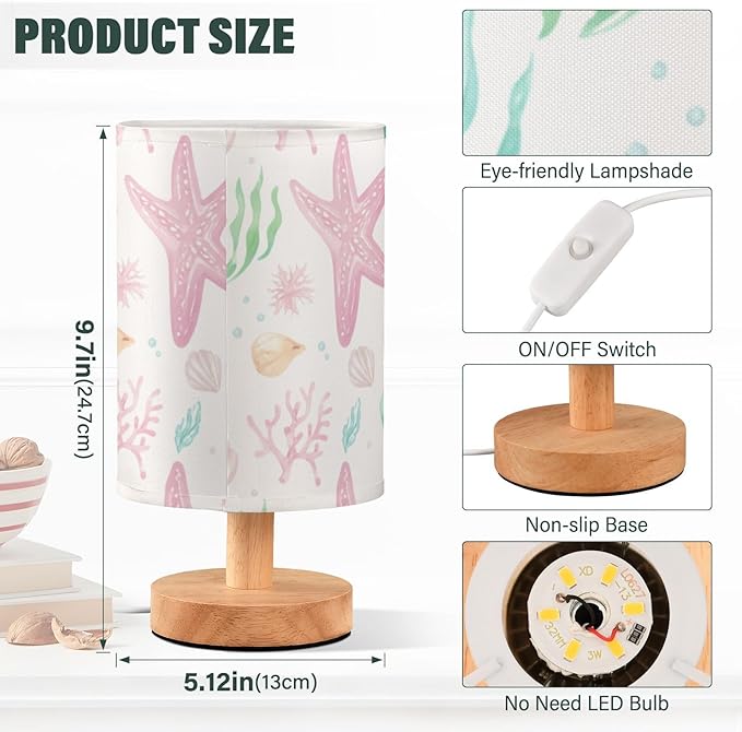 Pastel Starfish LED Table Lamp, Bedside Lamp with Linen Lampshade, Flicker-Free Eye Care USB Plug in Nightstand Lamp, for Bedroom and Office