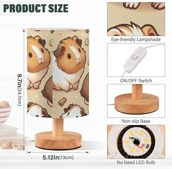 Guinea Pig LED Table Lamp, Bedside Lamp with Linen Lampshade, Flicker-Free Eye Care USB Plug in Nightstand Lamp, for Bedroom and Office