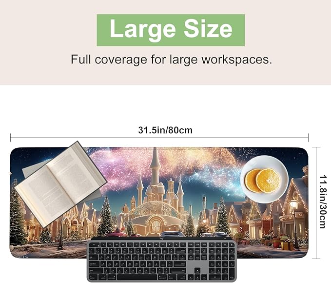 Desk Mat, XXL Extended Gaming Pad for Desktop, 31x12 Inches Magical Castle Fairytale Scene, Large Non-Slip Vegan Leather Keyboard Mouse Mat for Home Office