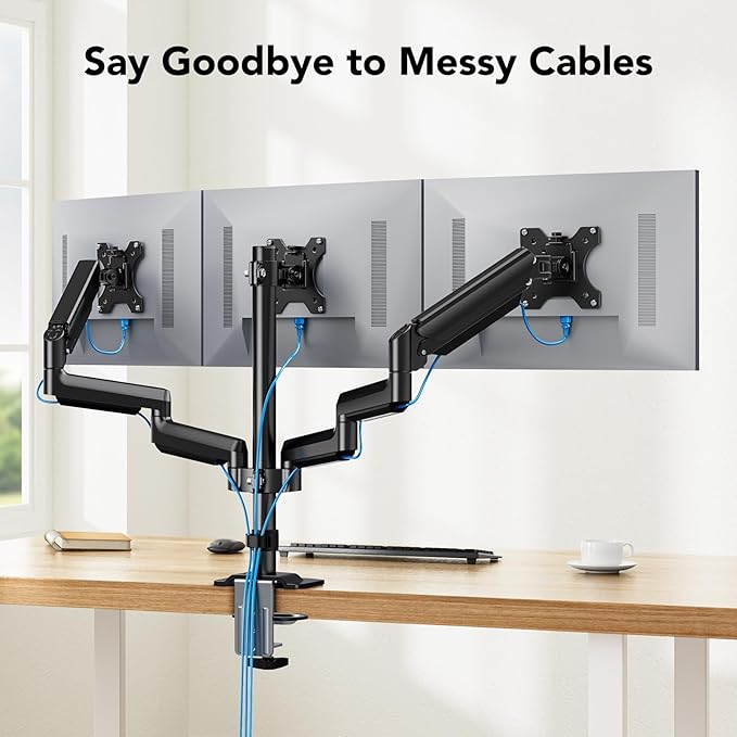 HUANUO Triple Monitor Mount for 13-27 inch Computer Screens, Gaming 3 Monitor Desk Mount with Arm Holds 19.8lbs, Triple Monitors Stand with Tilt, Swivel, Rotation, VESA 75x75, 100x100mm
