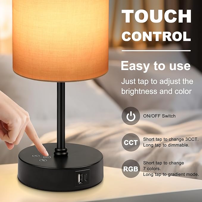 Unicozin Table Lamp for Bedroom, 3 Color Temperatures, 7 RGB Colors, Adjustable Brightness, Dual USB Charging Ports, Ambience Nightstand Light with Pink Shade, Desk Lamp for Kids Reading Home Office