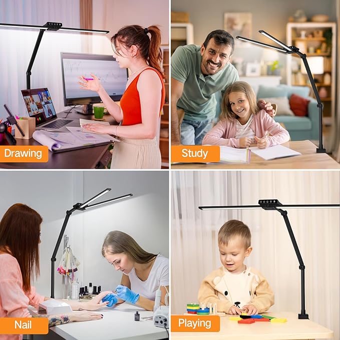 OUTON 29.5" LED Desk Lamp with Clamp for Home Office, 24W Eye-Caring Architect Desk Lamp for Dual Monitors, USB-C & USB-A Ports, Remote & Touch Control, 5 Color Temperatures, Stepless Dimming