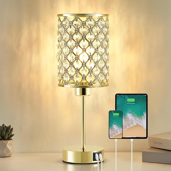 GyroVu Crystal Table Lamp, Gold Touch Lamp for Nightstand with USB C+A Ports, Dimmable Lamp with Crystal Shade, Bedside Lamp Small Lamp for Bedroom, Living Room(Buld Included)