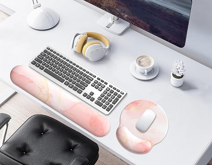 eulps Mouse Pad Wrist Support, Ergonomic Memory Foam Keyboard Wrist Pad & Gel Wrist Rest Set for Computer Keyboard for Easy Typing for Office & Home (Pink Marble)