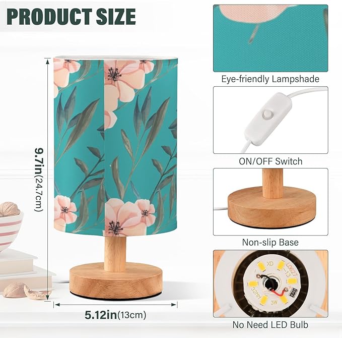 Pink Floral LED Table Lamp, Bedside Lamp with Linen Lampshade, Flicker-Free Eye Care USB Plug in Nightstand Lamp, for Bedroom and Office
