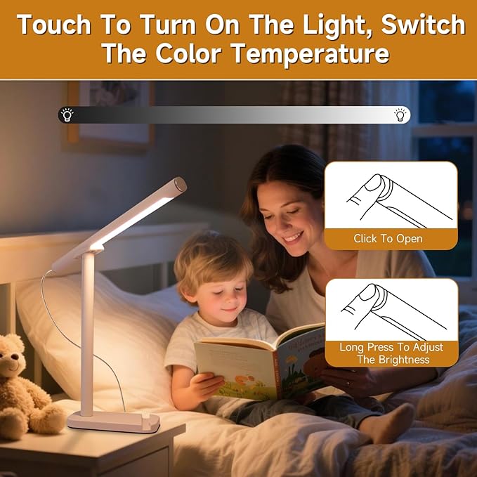 2 In 1 Led Desk Lamp - Outdoor Magnetic Desk Lamps for Home Office Study Bedroom , White Desk Lamps with Phone Holder & USB Charging Port, 3500-6500K Touch Control Dimming & 5 Brightness Levels