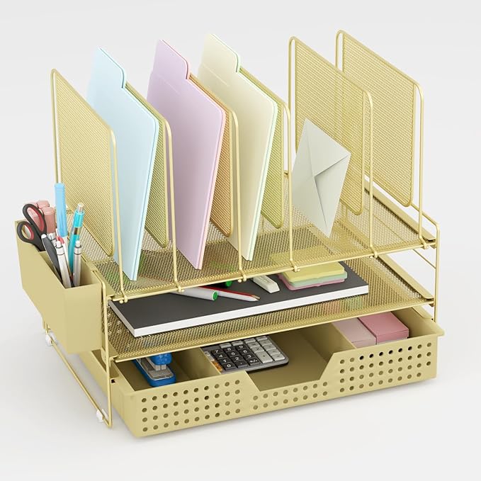 Gold Desk Organizer, Office Organization with Vertical File Holder, File Organizer with Drawer and Pen Holder, Desk Accessories and Workspace Organizers for Home Office (Gold)