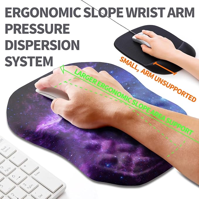 Ergonomic Slope Mouse Pad Wrist Support, Wrist Rest Mousepad for Carpal Tunnel with Massage Bulge and Slow Rebound Memory Foam (12x8 inch, Galaxy)