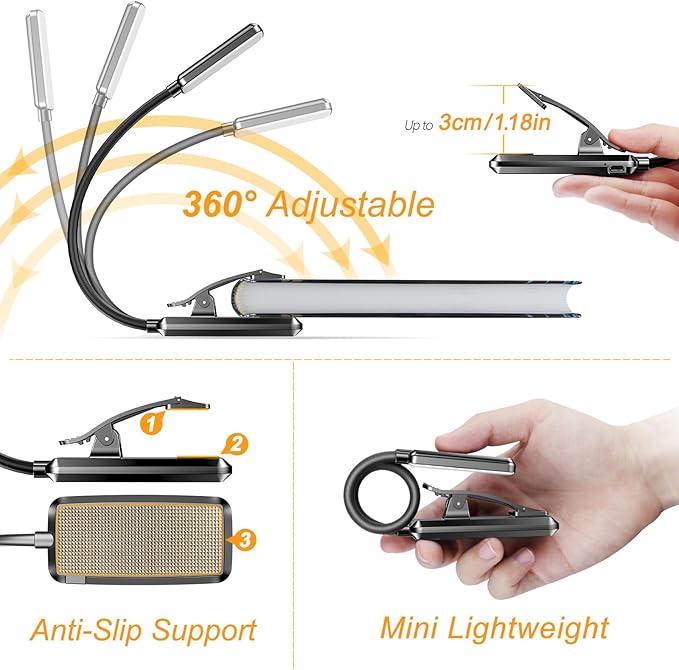 Gritin 2 Pack 9 LED Rechargeable Book Light for Reading in Bed -Eye Caring 3 Color Temperatures, Stepless Dimming Brightness, Small Lightweight Clip On Book Reading Light for Studying
