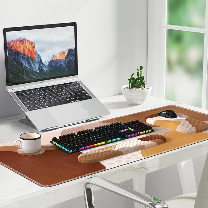 Large Mouse Pad with Wrist Rest and Keyboard Pad, Desk Pad Mat Set, 4PCS Carpal Tunnel Boho Mousepad with Wrist Support Combo, XXL Computer Office Desk Matt for Desktop Laptop, Brown Coffee