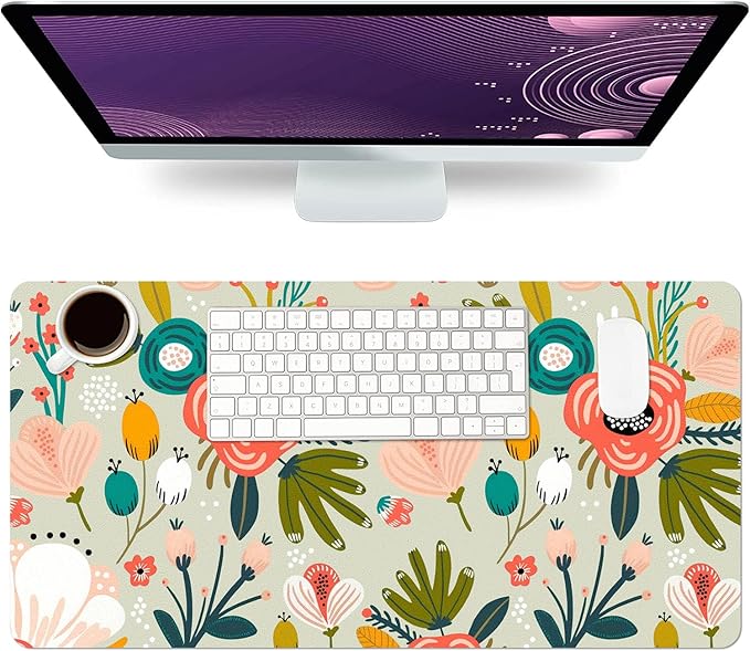 Desk Mat Large Protector Pad 31.5" ×15.7", Non-Slip PU Leather Desk Blotter, Waterproof Mouse Pad for Office Home Green Floral