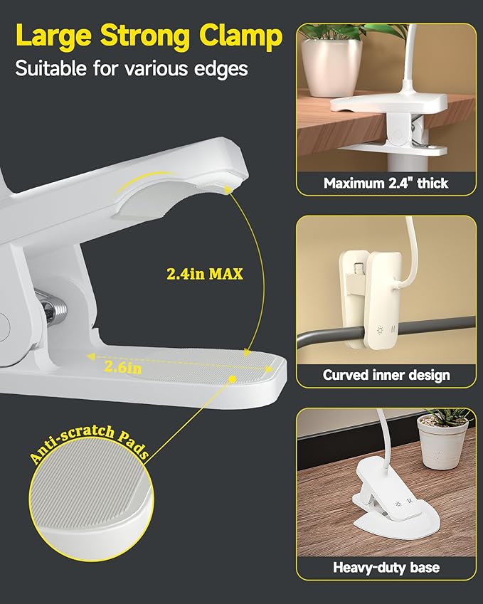 CUHIOY Desk Lamp with Clamp, Portable Cordless Rechargeable Clip on Reading Light, Eye-Caring LED Dorm Bunk Bed Light, 5 Colors 5 Brightness Flexible Neck Architect Lamp for Studying Crafting (White)
