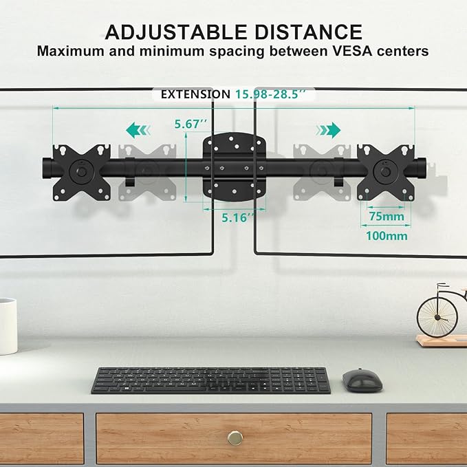 WALI Dual Monitor Wall Mount, Single to Double Bracket Adapter, Horizontal Assembly Arm for 2 Screen up to 27 inch (012ARM), Black