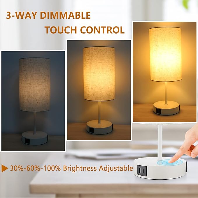 HiBay 17.75” Touch Table Lamp with Charging Station, 3-Way Dimmable 800LM Bedside Lamps with USB-A/USB-C Ports & AC Outlet, Modern White LED Nightstand Light with Beige Linen Shade for Bedroom Office