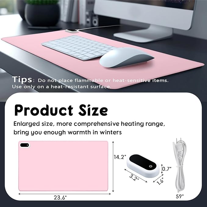 Konohan Heated Desk Pad Warm Mouse Pad, 5 Heating Level & 4 Hour Auto Shut-Off, PU Leather Warm Mouse Mat Heating Keyboard Gaming Mice Warmer Mat Only Supports 110v(Pink Color,23.6"x 14.2")