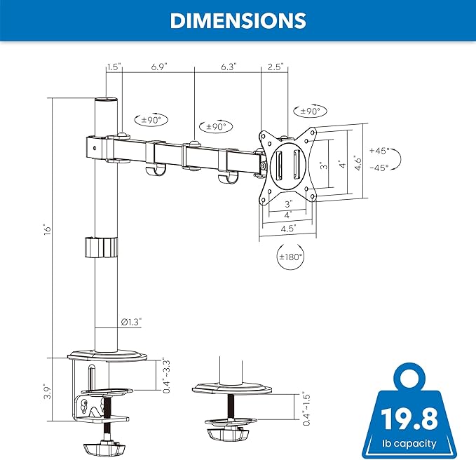 Mount-It! Single Monitor Arm 17" to 32", Full Motion Adjustment with Tilt, Rotation, Swivel, Height Adjustment Along Pole, Clamp or Grommet Mounting, Monitor Desk Mount VESA 75x75 and 100x100, White