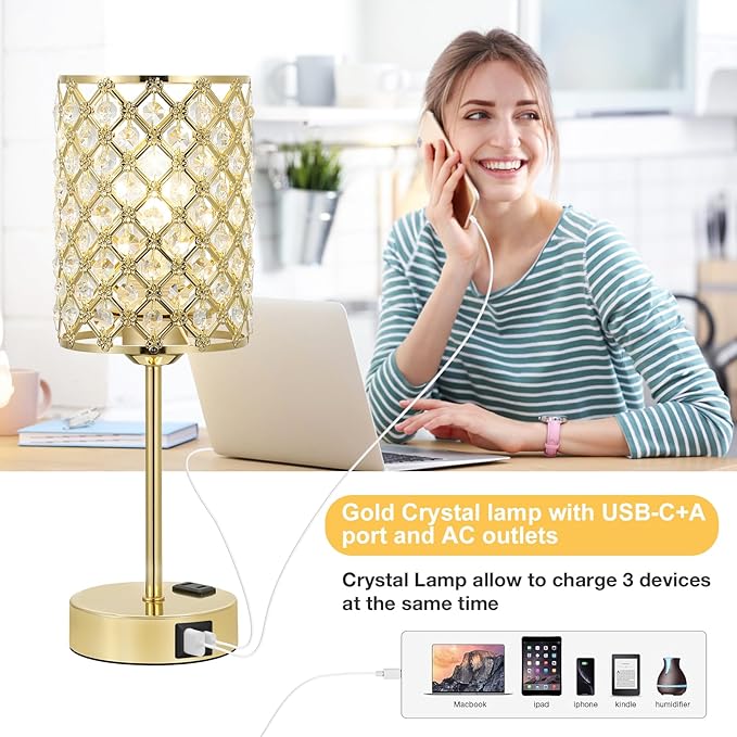 Hong-in Gold Lamps for Night Stands-Crystal Table Lamp with USB-C+A & AC Charging Ports, 3-Way Dimmable Nightstand Touch Lamp, Bedside Desk lamp for Bedroom Living Room Home Office