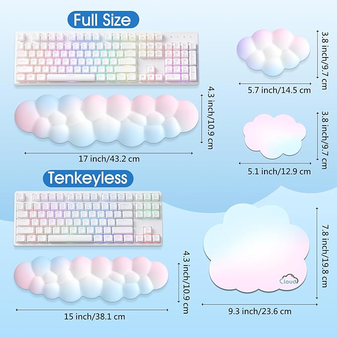 Cloud Wrist Rest Keyboard Cushion, 4-in-1 Ergonomic Cloud Keyboard Wrist Rest and Mouse Pad Set with Memory Foam Arm Support for Palm, Cute Desk Accessory for PC Gaming Setup, Rainbow