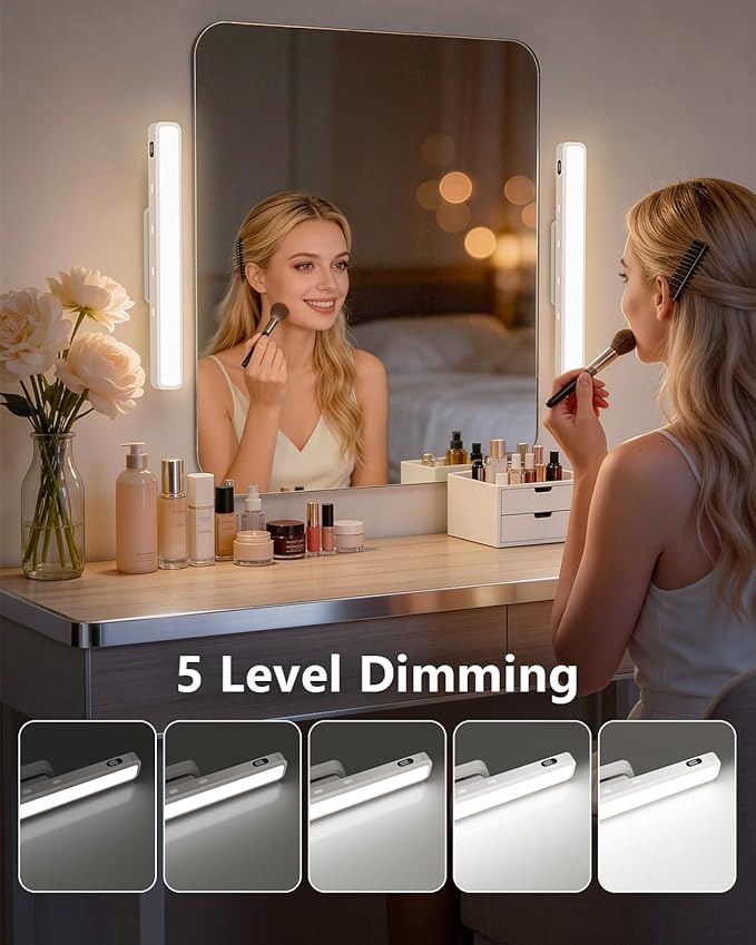 WILLED 5W Mirror Lights with Remote Control,Eye-Friendly Vanity Lights Stick on,Adjustable Color Temperatures Makeup Light with Battery Level Display,Rechargeable Light bar for Bathroom(2 Pack)