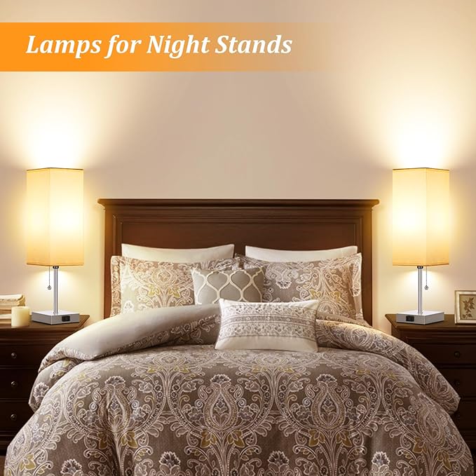 Table Lamp for Bedroom set of 2,3-Color Bedside Lamps with Pull Chain Table Lamps for Nightstand with AC Outlets,18'' Night Light Lamps with 2 Bulbs Lamps for Living Room Kids Office Decor（Nickel）