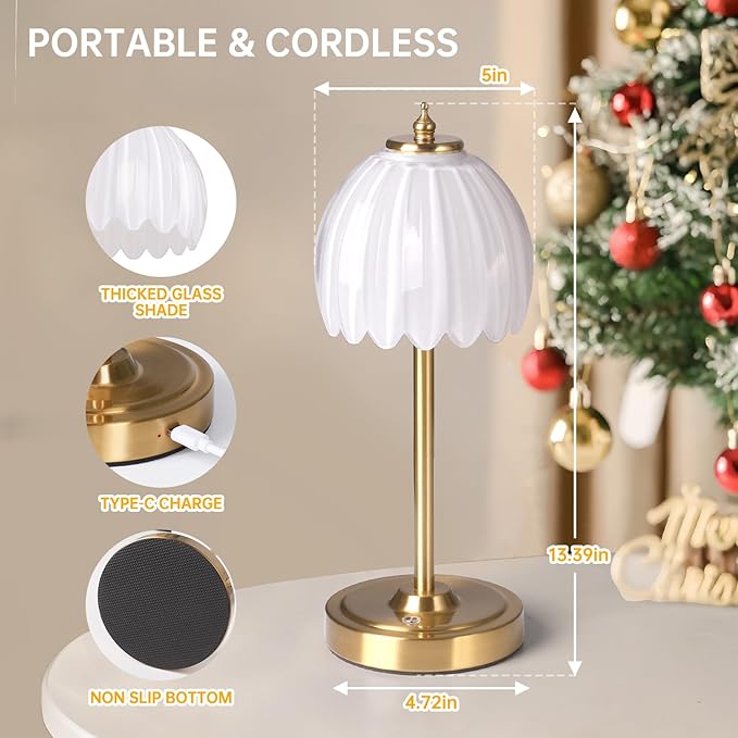 Tulip Table Lamp with 5000mAh Battery & Touch Control, Cordless Table Lamp with 3 Colors, Dimmable Rechargeable Table Lamps for Bedroom, Nightstands, Living Room, Entryways (White Tulip)