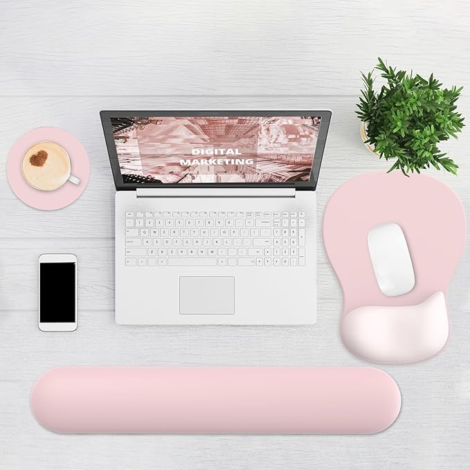 Ergonomic Mouse Pad with Wrist Rest and Keyboard Wrist Rest, Gel Mousepad and Wrist Rest for Computer Keyboard, Non-Slip PU Base, Pink Mouse Pad with Wrist Support for Gaming, Office