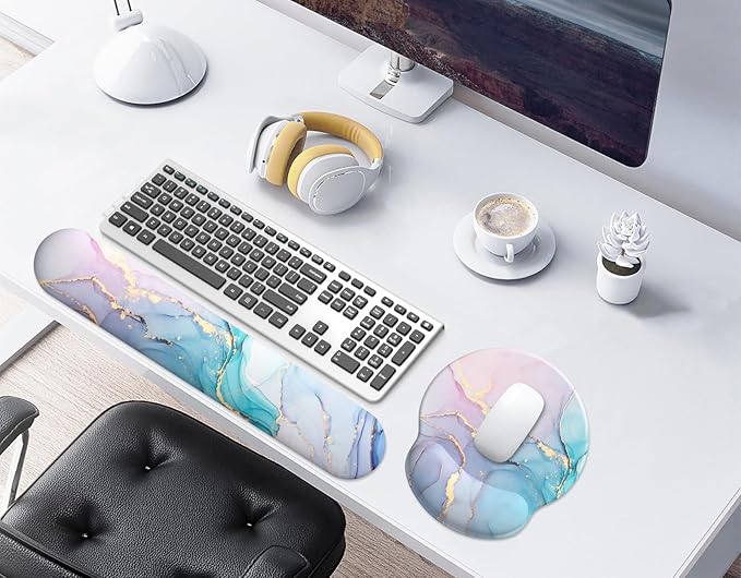 eulps Mouse Pad Wrist Support, Ergonomic Memory Foam Keyboard Wrist Pad & Gel Wrist Rest Set for Computer Keyboard for Easy Typing for Office & Home (Cyan Pink Marble)