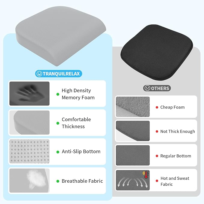 XLarge Seat Cushion, Memory Foam Cushion for Long Sitting Hours on Office Chair, Home & Car, Non-Slip Chair Pad for Relieving Back & Sciatica & Hip & Coccyx Pain (Light Grey)