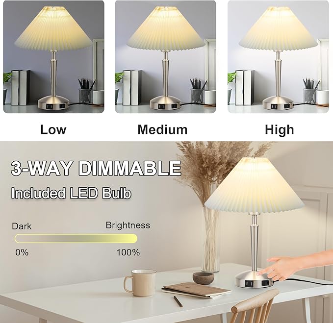 Touch Bedside Table Lamp - Modern Small Lamp for Bedroom Living Room Nightstand, Desk lamp with Fabric Lamp Shade, Warm LED Bulb, 3 Way Dimmable, Simple Design Mother's Day Gifts (Silver)