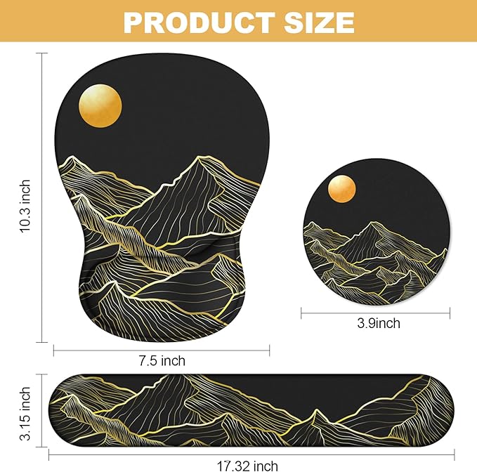 Ergonomic Mouse Pad with Wrist Rest and Keyboard Wrist Rest, Gel Mousepad and Wrist Rest for Computer Keyboard, Non-Slip PU Base, Black Mouse Pad with Wrist Support for Gaming, Mountain