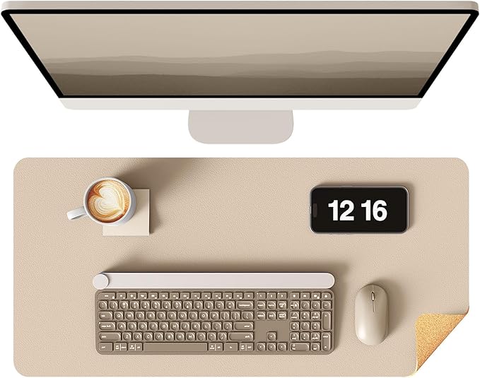 YSAGi Double-Sided Desk Pad, 23.6"x13.7" Leather Desk Mat, Eco Cork Desk Pad Protector, Large Mouse Pad for Desk, Waterproof Desk Blotter Pad, Desk Writing Pad for Office Work/Home(Beige/Cork)