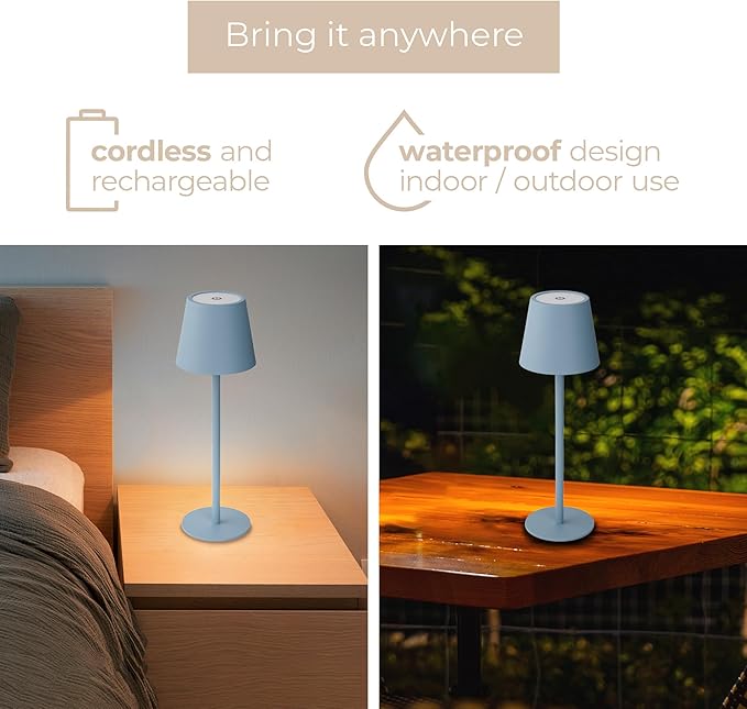 Versa LED Cordless USB-C Re-Chargeable Desk Lamp, 5200mAh Battery Operated with 3 Color Temperature 2700K-3000K-3500K and Fingertip Touch On/Off Plus Dimming with Two 5in Adj Height Stems in Sky Blue