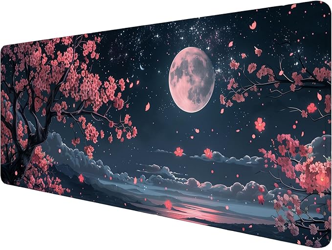 Cherry Blossom Floral Desk Pad Mouse Pad Kawaii Pink Black Moon Floral Gaming Mouse Mat with Stitched Edges,Non-Slip Waterproof Rubber Base Mous Mat Office Computer Keyboard Laptop Home 31.5"x11.8"