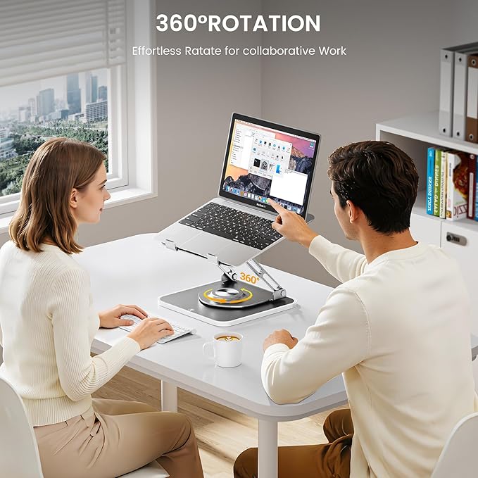 Laptop Stand for Desk, Adjustable Computer Stand with 360° Rotating Base, Ergonomic Laptop Riser for Collaborative Work, Foldable & Portable Laptop Stand, fits for All 10-16" Laptops (RGB-Gray)