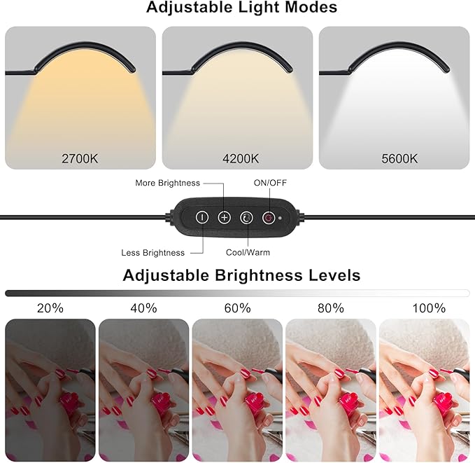 Professional Half Moon LED Desk Light for Nail Techs & Artists – Flexible Gooseneck Lamp with Clamp, 3 Color Modes & 5 Brightness Levels for Manicure, Tattoo, Beauty Work