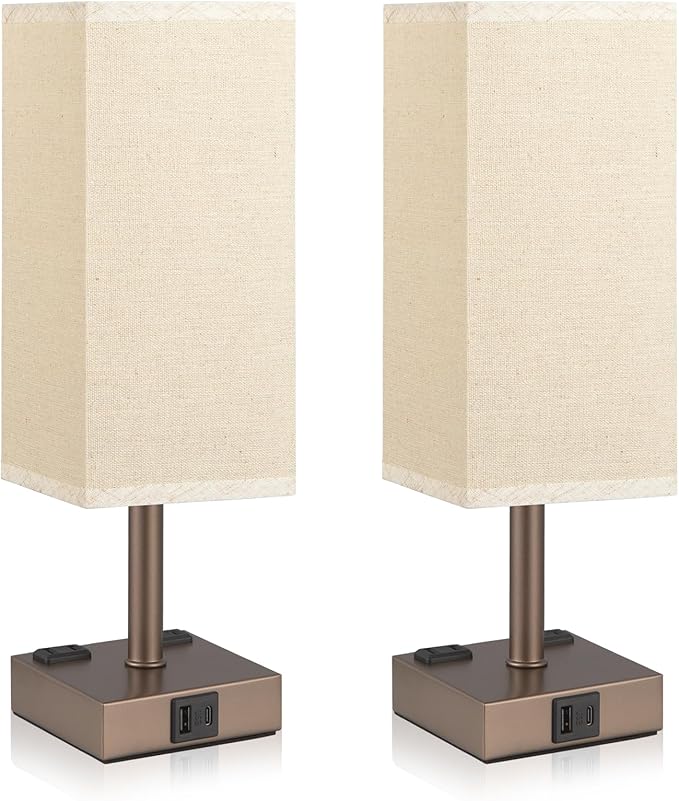 aooshine Brown Base Touch Lamps Set of 2 - Nightstand Lamp with USB-C + A Charge Ports & AC Outlets, 3-Way Dimmable Bedside Lamp, Small Table Lamp Light for Bedroom (Bulb Included)