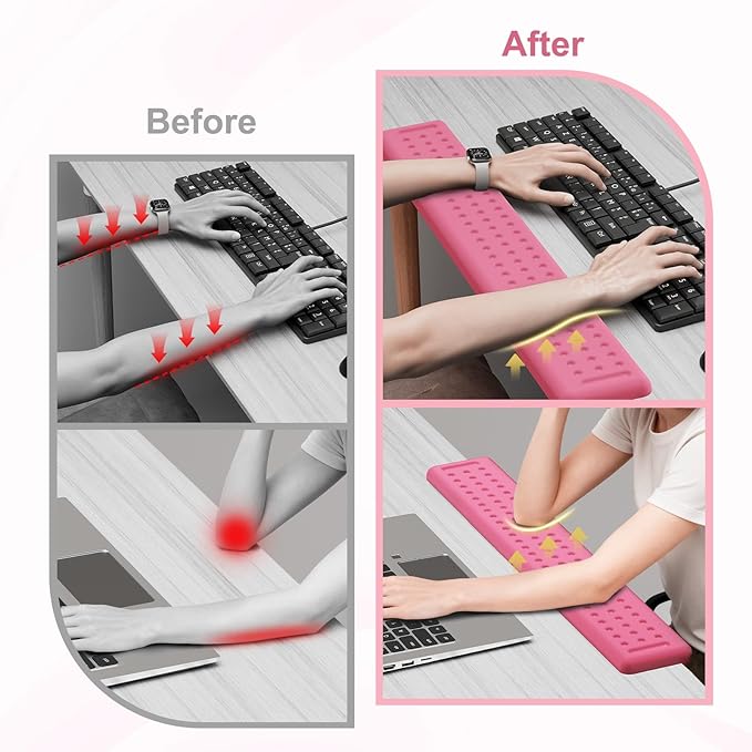 Leolee L-Shaped Desk Long Wrist Rest Elbow 60CM, Pink Memory Foam Arm Rest for Desk with Non-Slip Base, Ergonomic Desk Edge Cushion, Wrist Support for Computer Keyboard, Typing, Office, Home