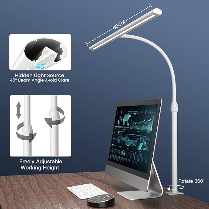 Desk Lamp, 31.5" Desk Light for Home Office, Brightest 24W, Gesture Sensor & Remote Control, Dimmable & Color Temperature, Monitor Light Bar with Telescopic Rod, Height Adjustable
