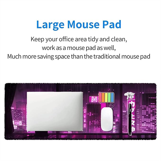 Purple Anime Desk Pad Mouse Pad Japanese Cat Night Tokyo Extended Gaming Mouse Pad Mat with Stitched Edge Non-Slip Base Big Mouse Pad 31.5"x11.8" Office Computer Keyboard Laptop Home