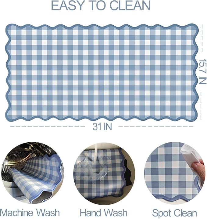 Scalloped‌ Blue Checkered Gingham Desk Mat Cute Pastel XXL Large Gaming Mouse Pad Kawaii Cottagecore ‌Vintage‌ Rustic Keyboard Computer Mat Aesthetic Desk Pad Accessories Office Decor