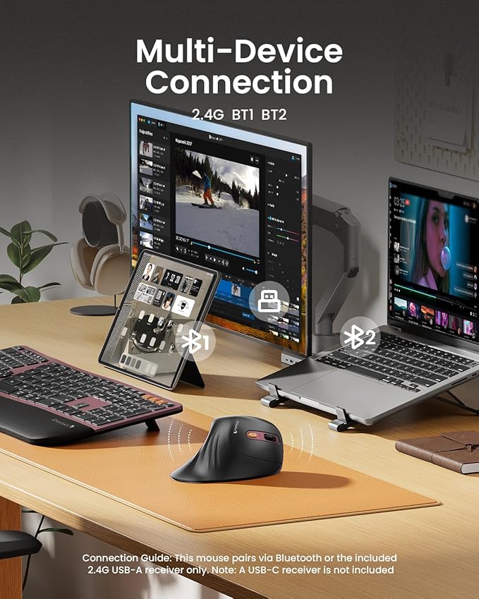 ProtoArc Ergonomic Mouse, EM11 NL Bluetooth Rechargeable Wireless Vertical Mouse, 3 Multi-Device Connectivity for Computer/PC/Laptop, 2.4GHz USB-A Optical Mice for Windows, Mac OS, Wine Red