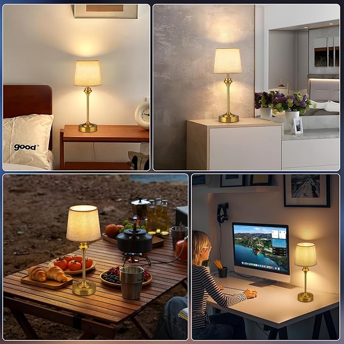 NIORSUN Portables Cordless Table Lamp Set of 2,Flaxen Fabric Shade Battery Operated Lamp, Bedside Table Lamp with Warm White,3 Way Dimmable Touch Desk Lamp for Bedroom Living Room Restaurant (Gold)