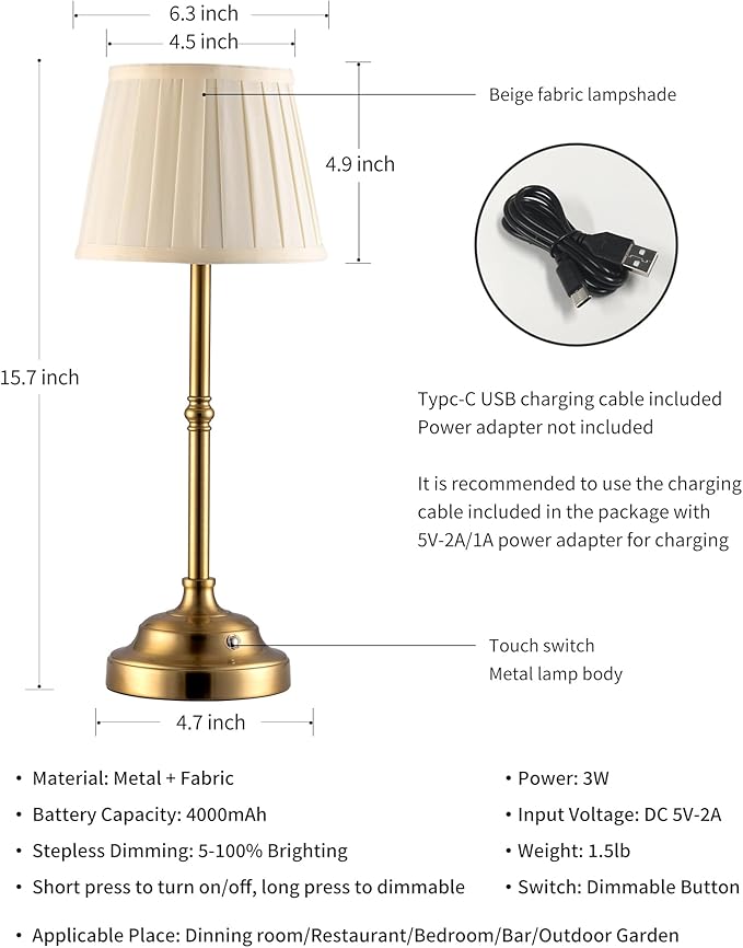KDG Cordless LED Table Lamp Set of 2, Portables Fabric Shade Desk Lamps, 4000mAh Rechargeable Battery Powered Lighting, Dimmable Light for Dining Room, Bedroom, Bedside, Night Light, Balcony (Gold)