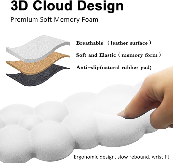 Cloud Keyboard and Mouse Wrist Rest Pad for Computer Arm- Ergonomic Wrist Support Mousepad with Non-Slip PU Base for Office, Gaming, and Home Use Anti-Fatigue(White)
