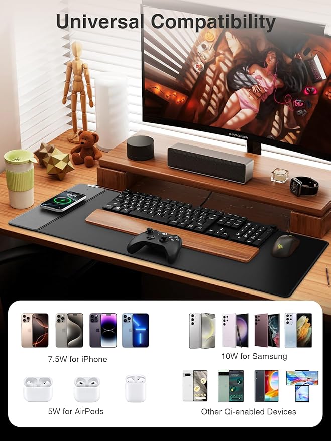 2-in-1 Mouse Pad with Magnetic Wireless Charging, Gaming Mouse Pad, 31.5"x15.8" Large Desk Mat for Laptop/Keyboard, Waterproof Smooth Surface, Non-Slip Base, No Adapter